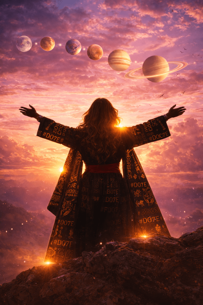 Dr. Tracey Bond as
 silhouetted woman wearing a #DO7E-patterned garment stands on a mountain at sunrise with arms outstretched beneath a pink-mauve sky and a six-planet alignment, symbolizing spiritual awakening and genius presence.